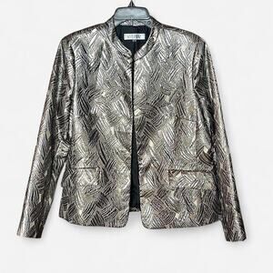 Kasper Metallic Silver Jacquard Open Front Crepe Blazer – Size 12